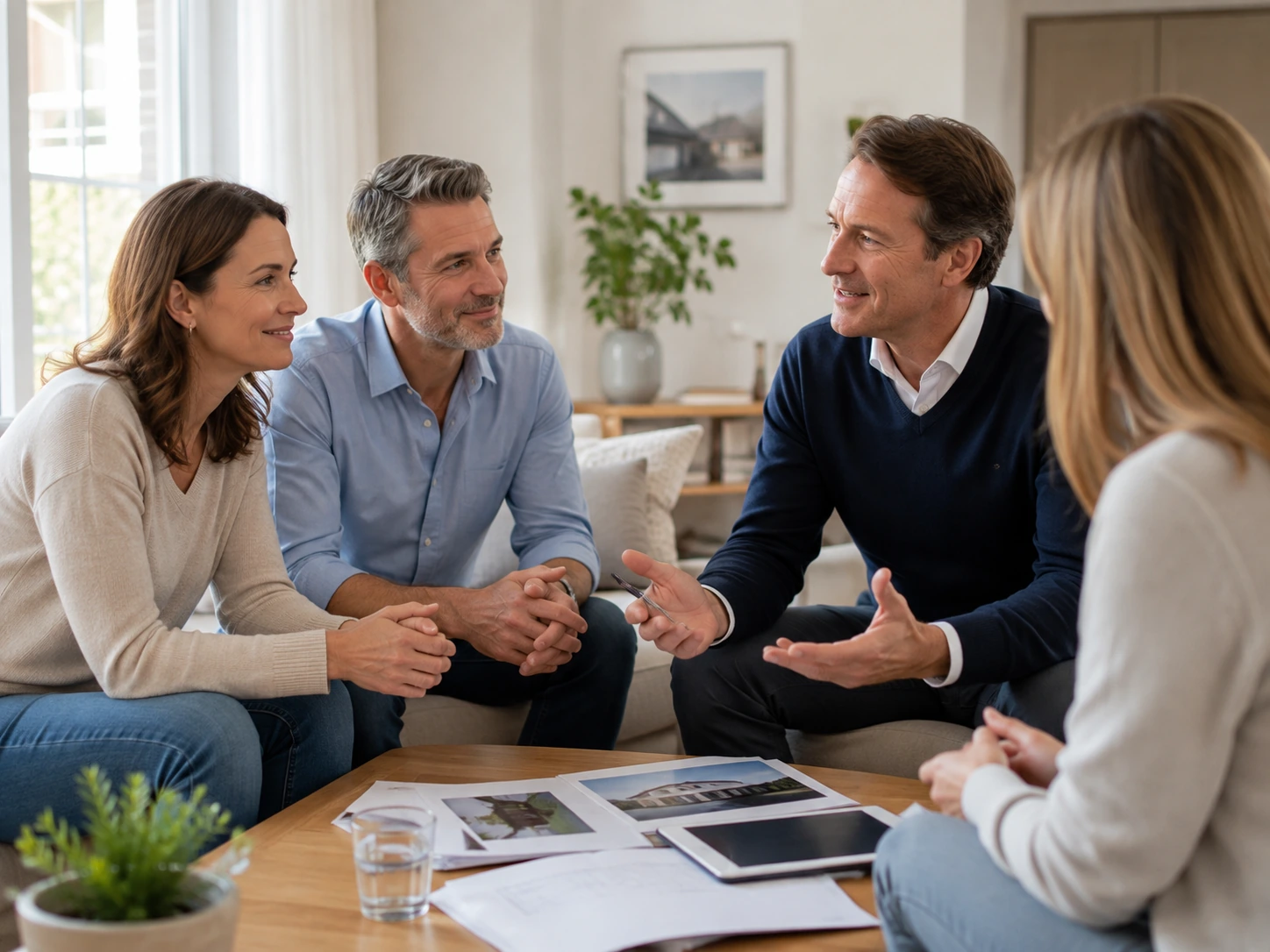 Ruhiges Beratungsgespräch mit klaren Unterlagen an einem Couchtisch